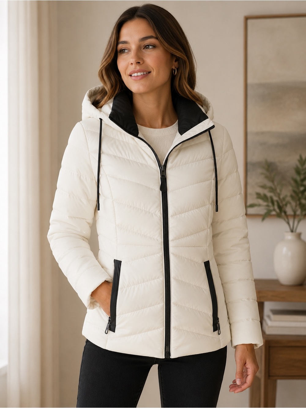 DKNY Puffer Jacket NWT Ivory White Black Soft Trim Hooded Coat Small 5°F Warmth